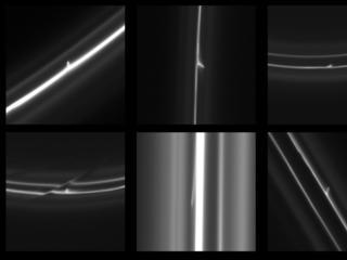 Six Cassini images showing trails that were dragged out from Saturn