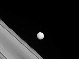The Cassini spacecraft captures a rare family photo of three of Saturn